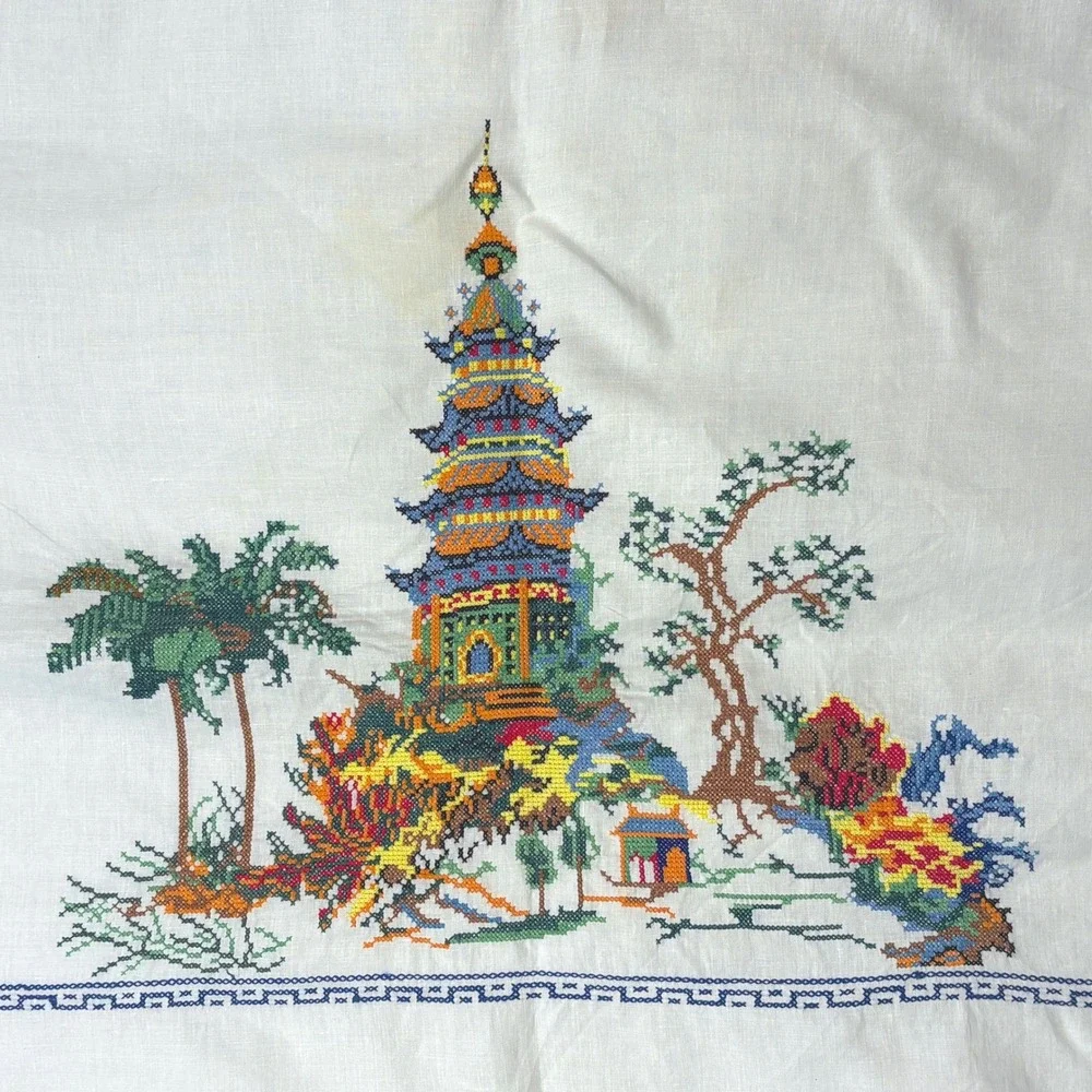 VTG Square Linen Tablecloth 48x48 Cross Stitch Embroidered White Pagoda Asian